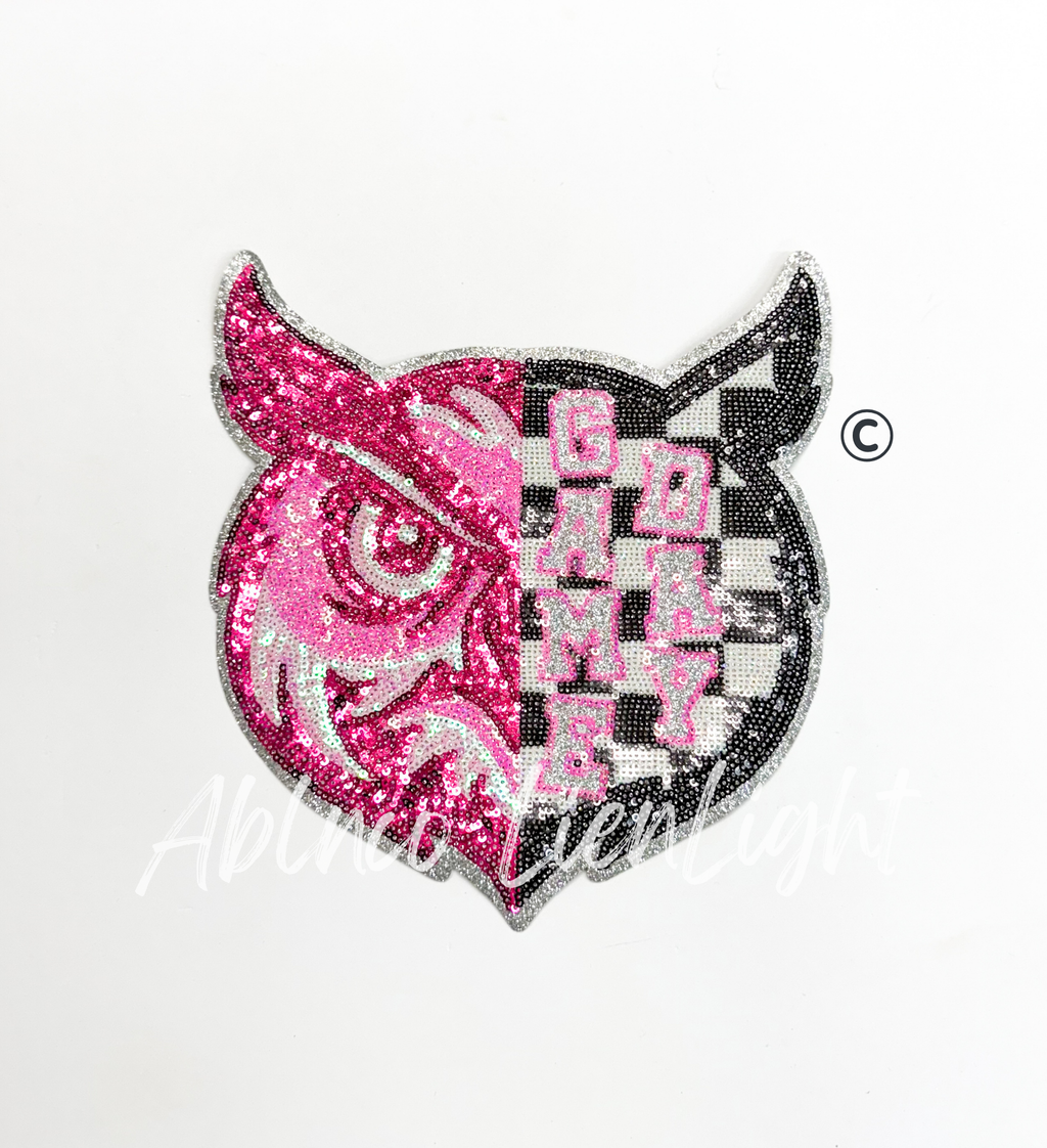 Owl Mascot Pink Checkered Sequin Patch - Large