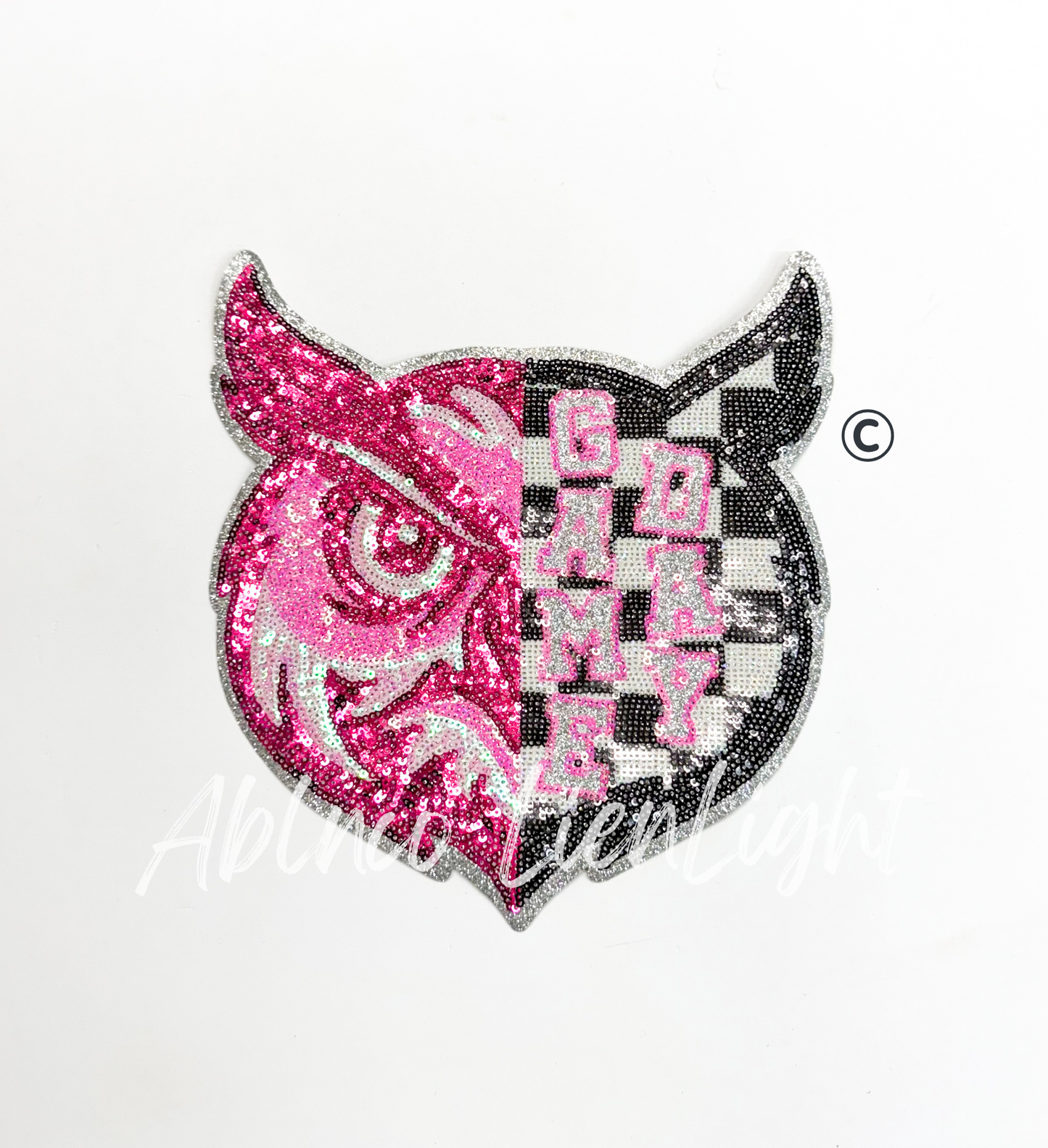 Preppy Pink Checkered Owl Mascot Game Day Sequin Patch