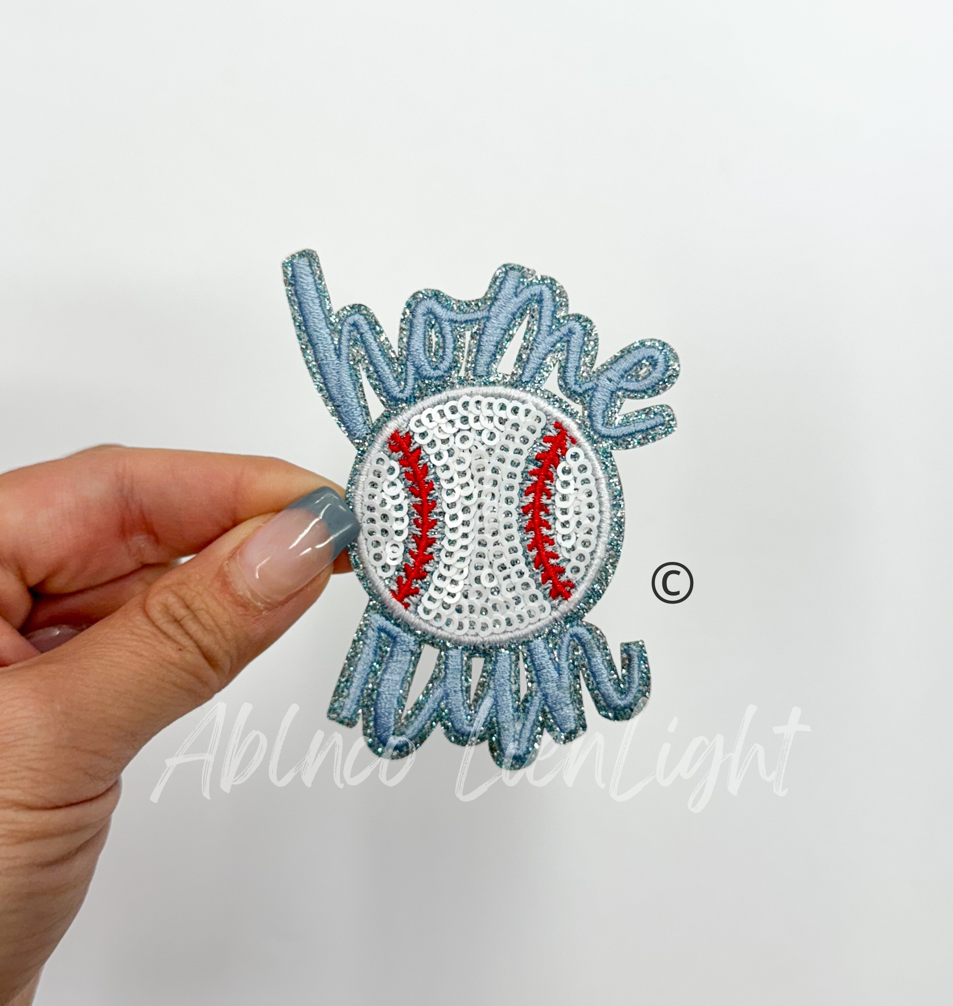 Light Blue Home Run Baseball Sequin Embroidery Patch