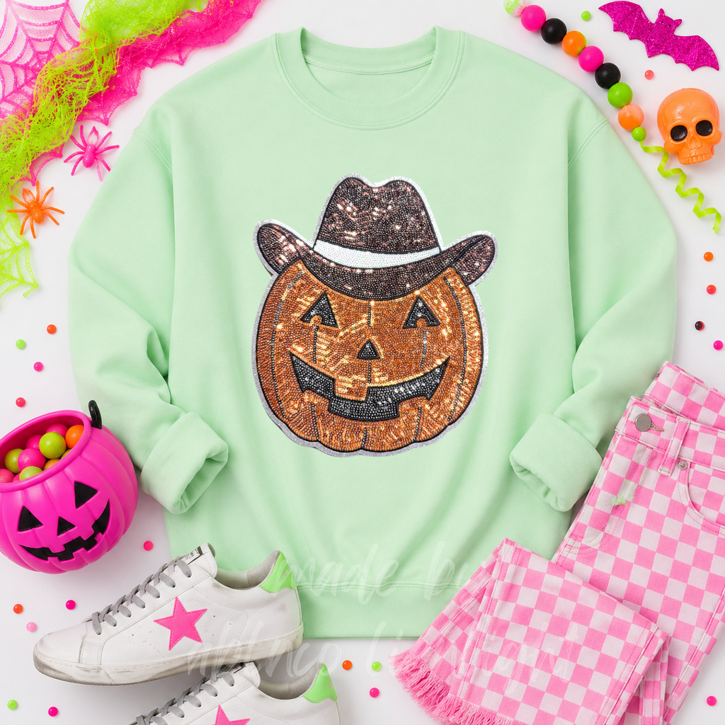 Cowboy Pumpkin Halloween Sequin Patch Sweatshirt
