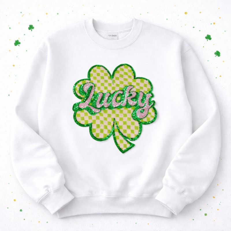 Lucky Checkered Clover St Patricks Day Chenille Sequin Patch Sweatshirt