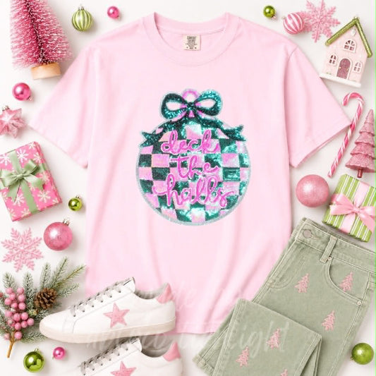 Deck the Halls Ornament Christmas Sequin Patch Tshirt