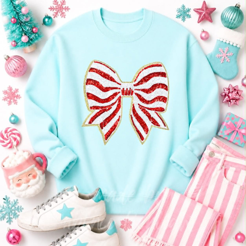 Red Stripe Bow Christmas Sequin Patch Sweatshirt