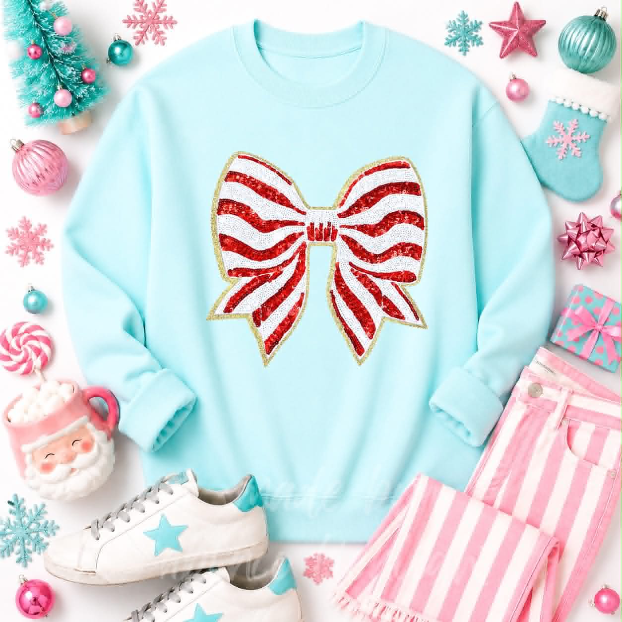 Red Stripe Bow Christmas Sequin Patch Sweatshirt