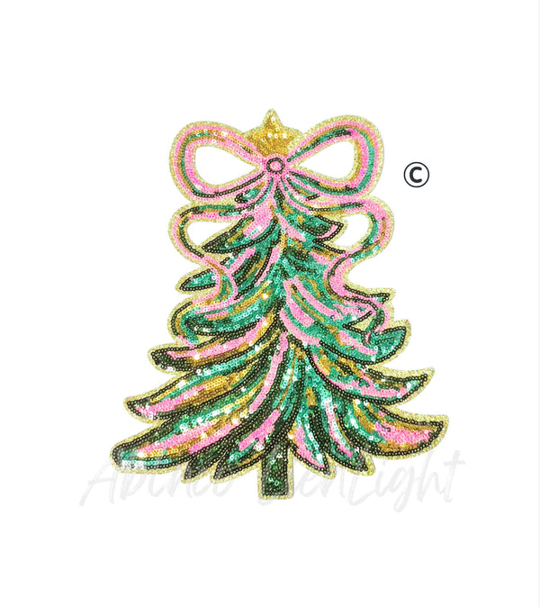 Pink Bow Tree Christmas Sequin Patch - Large