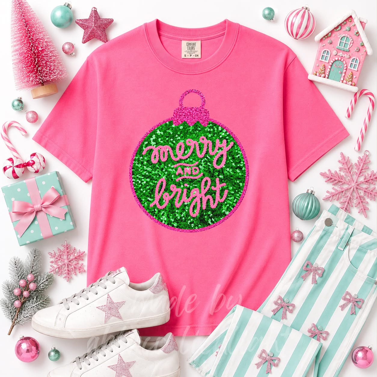 Merry & Bright Ornament Christmas Sequin Patch Tshirt