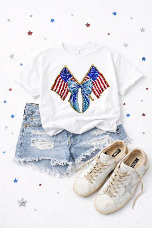 American Flag Bow 4th of July Sequin Patch Tshirt