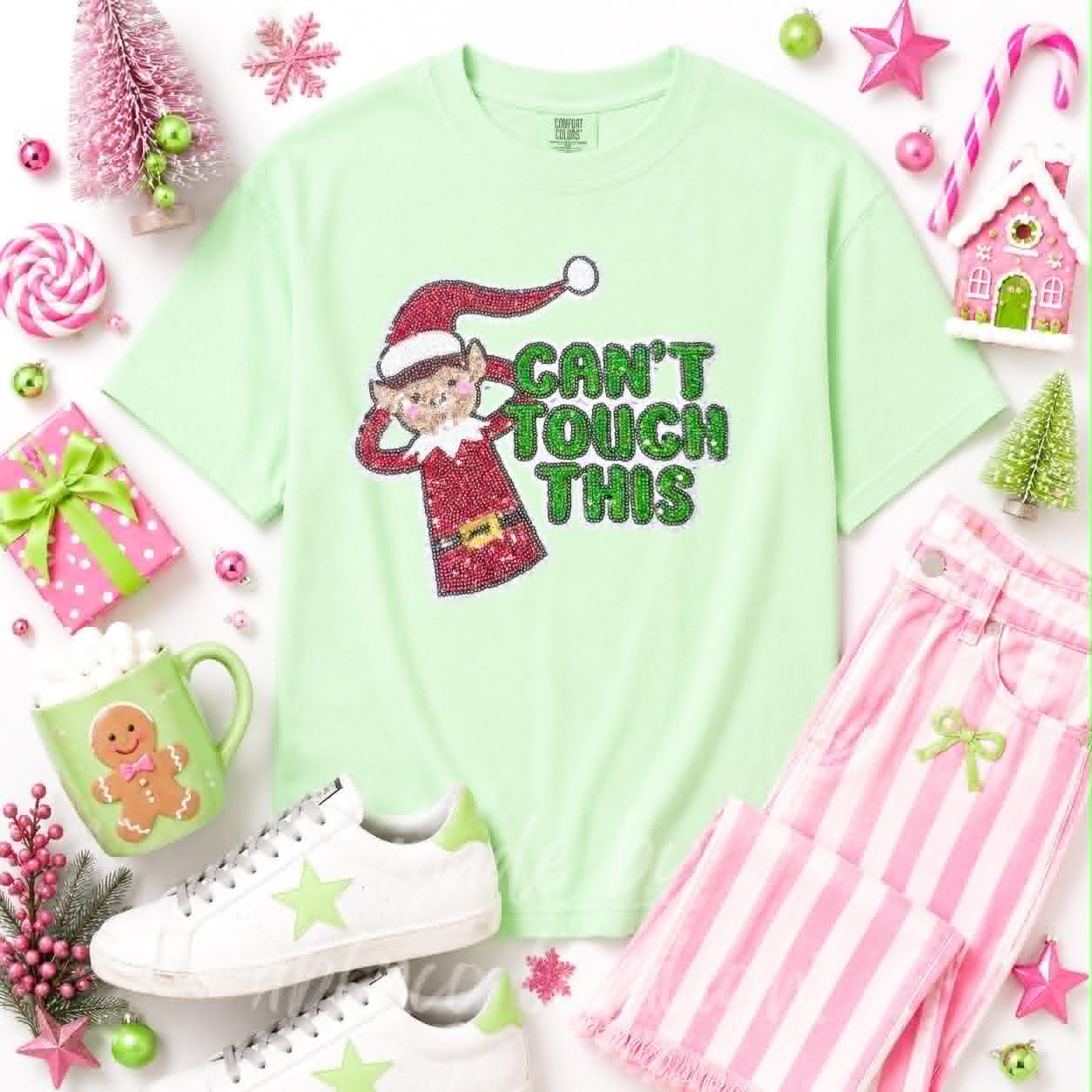 Can't Touch This Elf Christmas Sequin Patch Tshirt