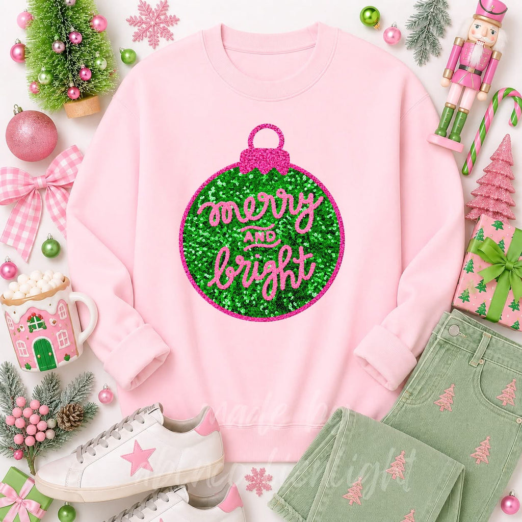 Merry & Bright Ornament Christmas Sequin Patch Sweatshirt