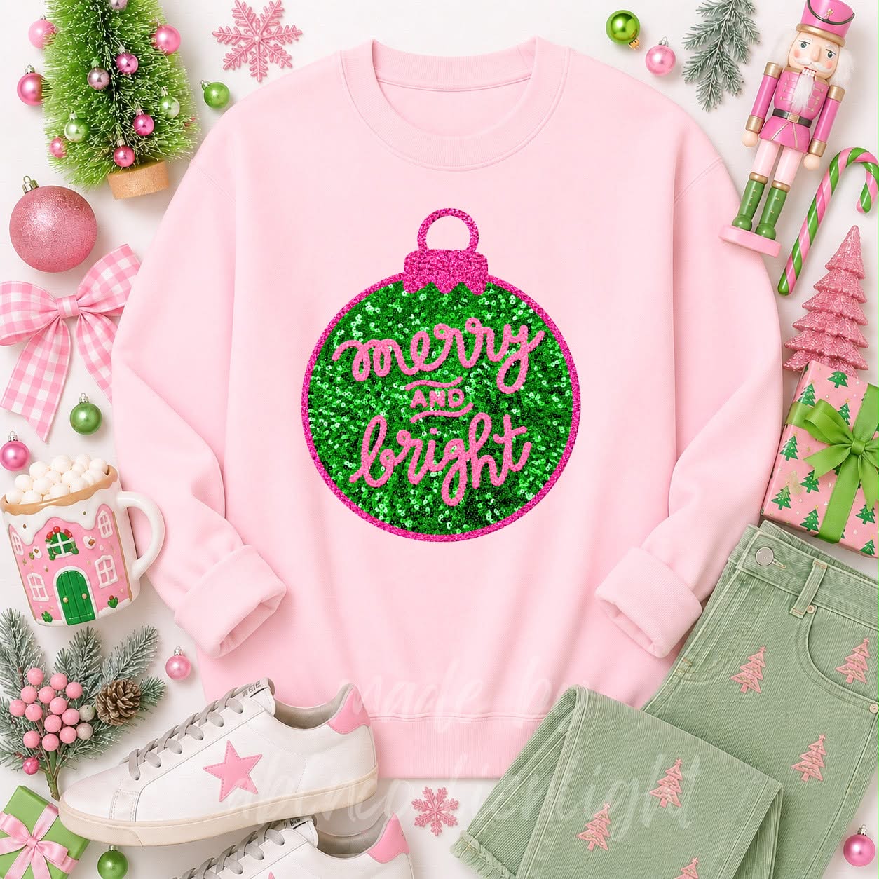 Merry & Bright Ornament Christmas Sequin Patch Sweatshirt