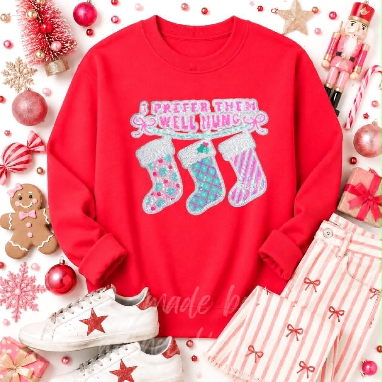 I Prefer Them Well Hung Stockings Christmas Sequin Patch Sweatshirt
