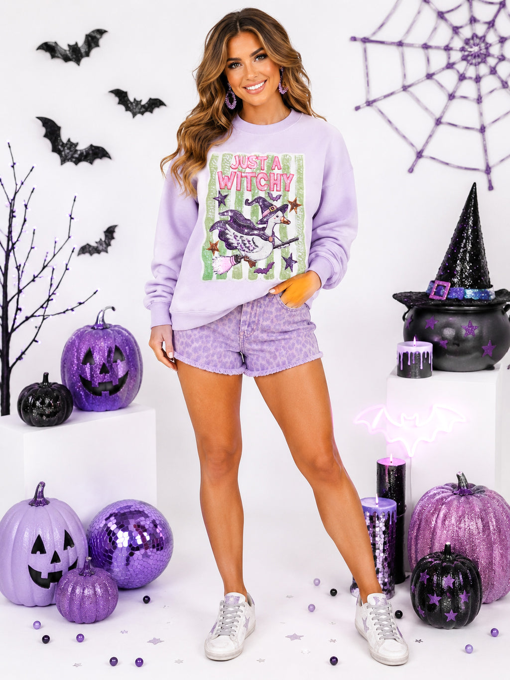 Just A Witchy Goose Halloween Sequin Patch Sweatshirt