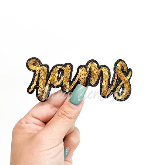 Gold Rams Mascot Script Letter Sequin Patch - Small