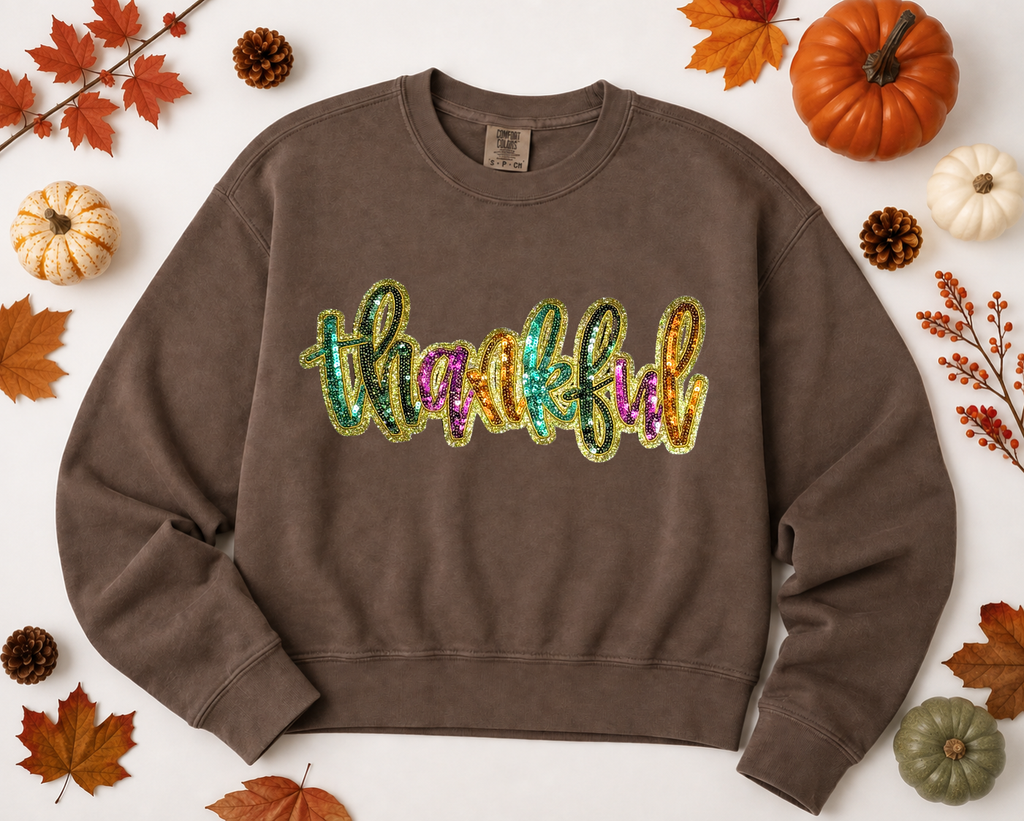 Colorful Thankful Thanksgiving Fall Sequin Patch Mid Length Sweatshirt