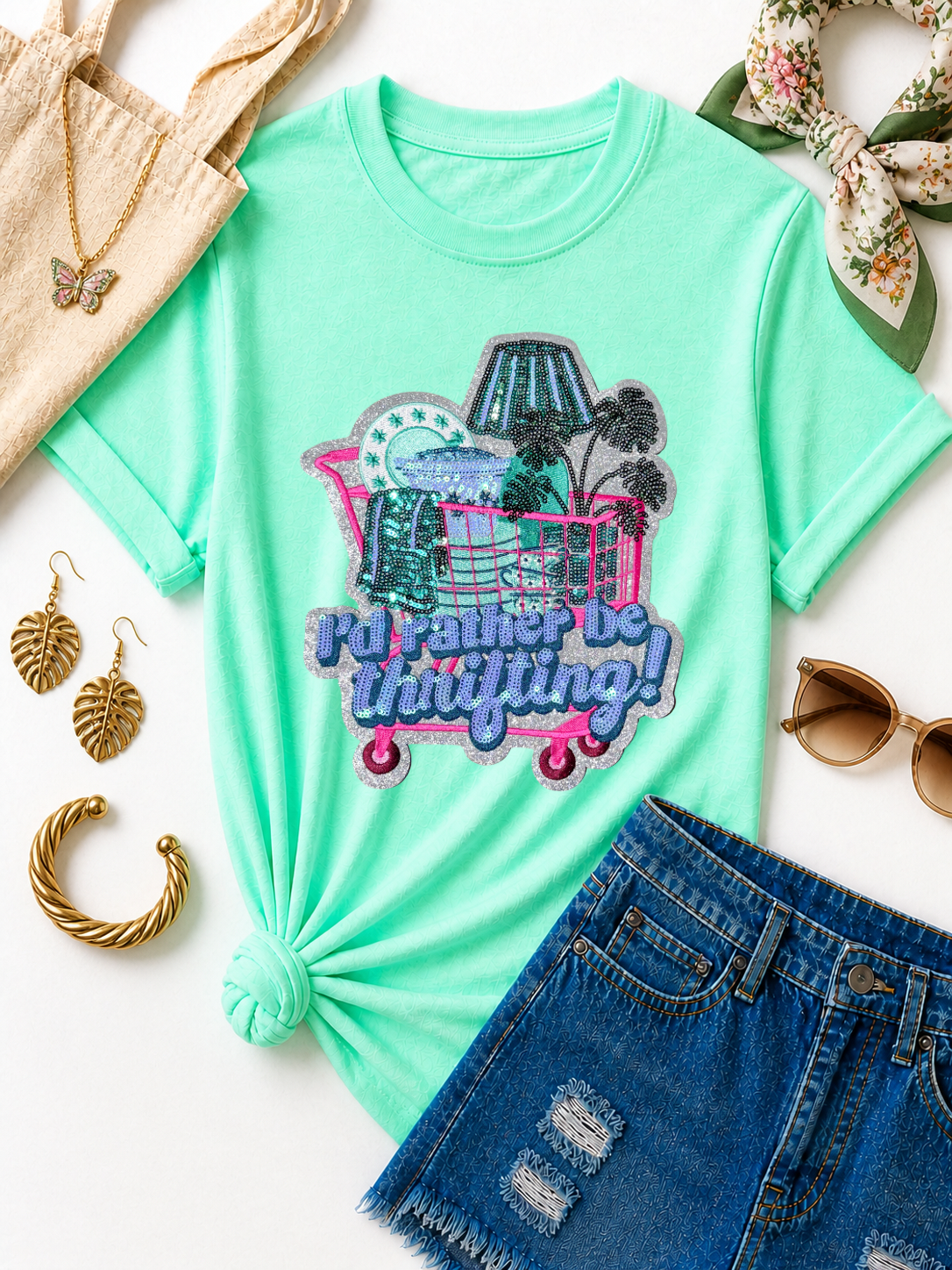 I’d Rather be Thrifting Sequin Patch Tshirt