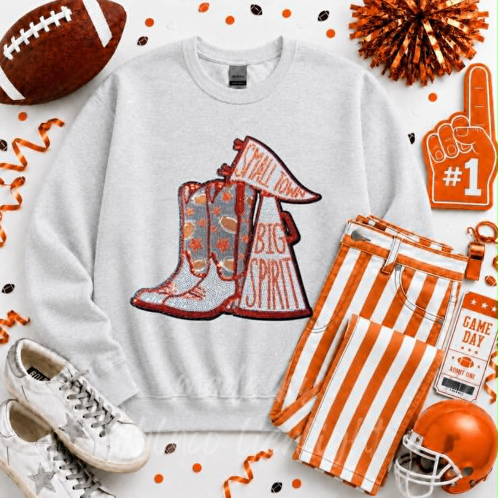 Orange Small Town Big Spirit Football Sequin Patch Sweatshirt