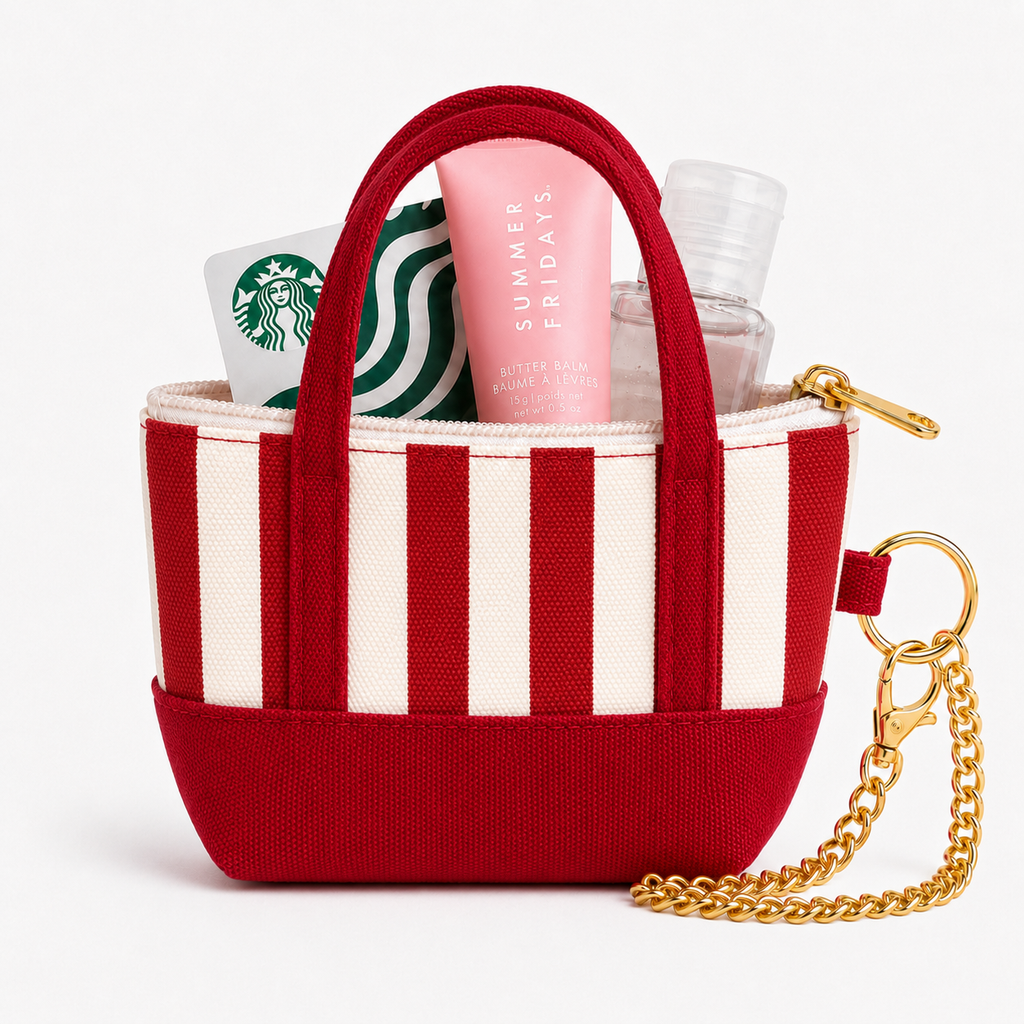 Red Striped Mini Tote Bag Keychain | Zippered Purse Charm & Pouch