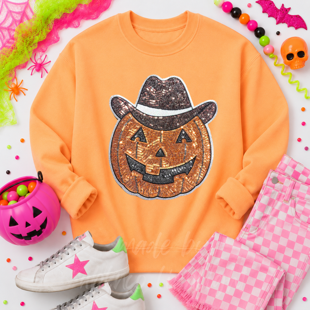 Cowboy Pumpkin Halloween Sequin Patch Sweatshirt