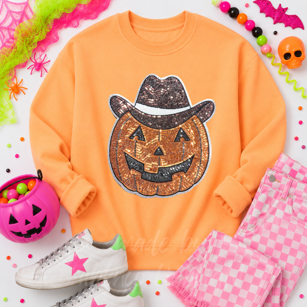 Cowboy Pumpkin Halloween Sequin Patch Tshirt