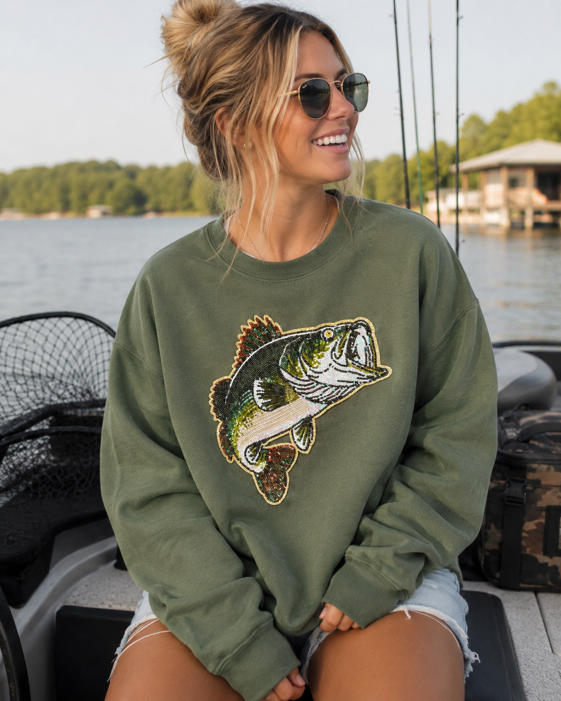 Bass Fish Hunting Sequin Patch Shirt