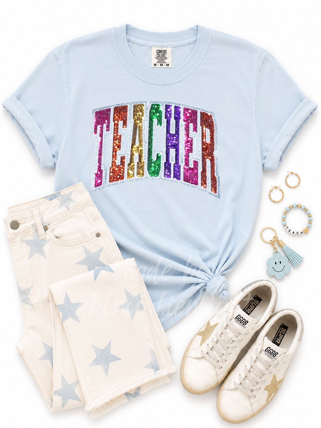 Colorful Teacher Sequin Patch Tshirt