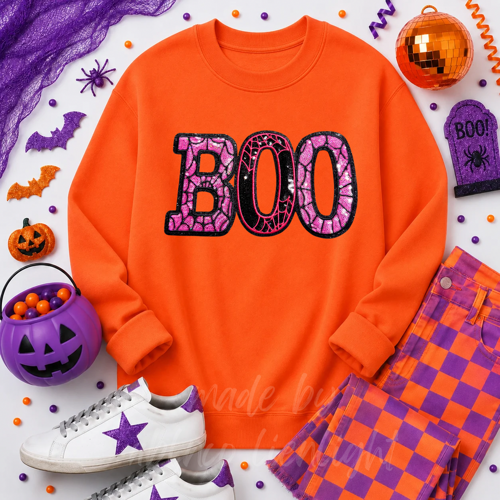 Pink Spider Web Boo Halloween Sequin Patch Sweatshirt