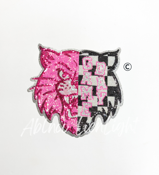Preppy Pink Checkered Wildcat Mascot Game Day Sequin Patch