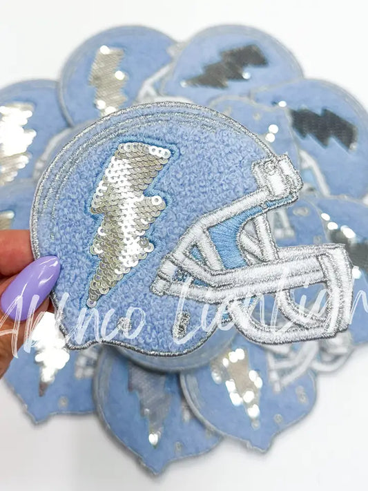 Light Blue Football Helmet Chenille Sequin Embroidery Patch