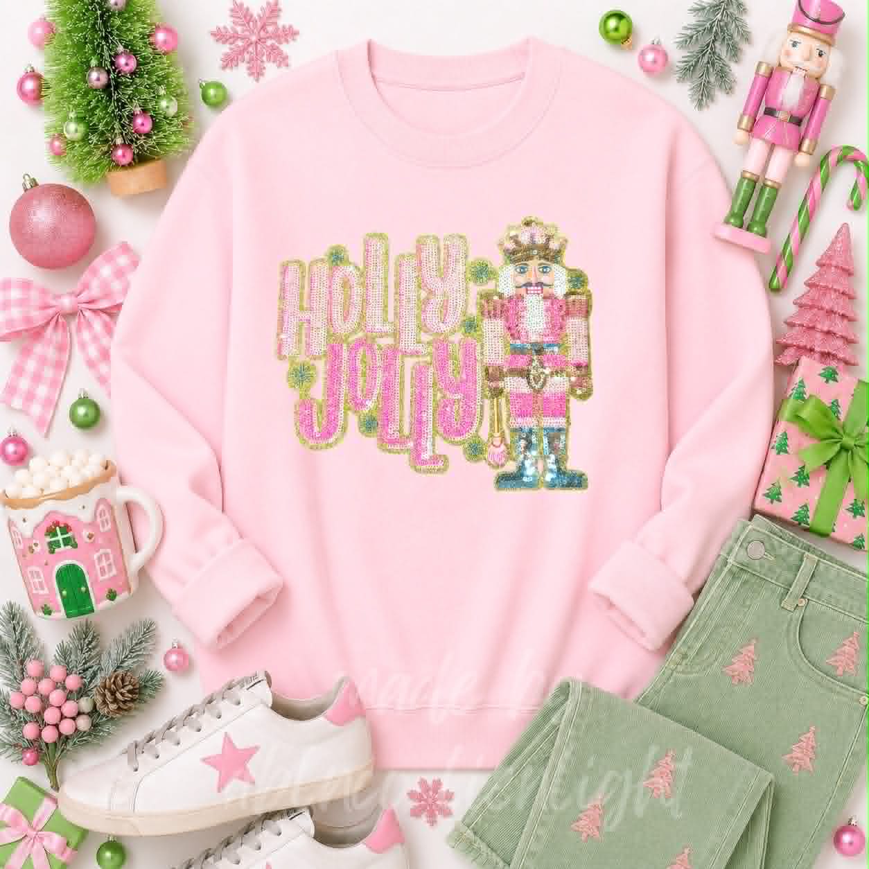 Holly Jolly Nutcracker Christmas Sequin Patch Sweatshirt
