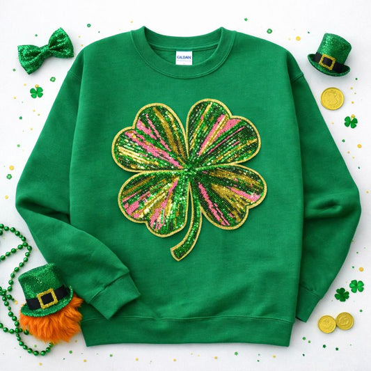 Colorful 4 Leaf Clover St Patricks Day Sequin Patch Sweatshirt