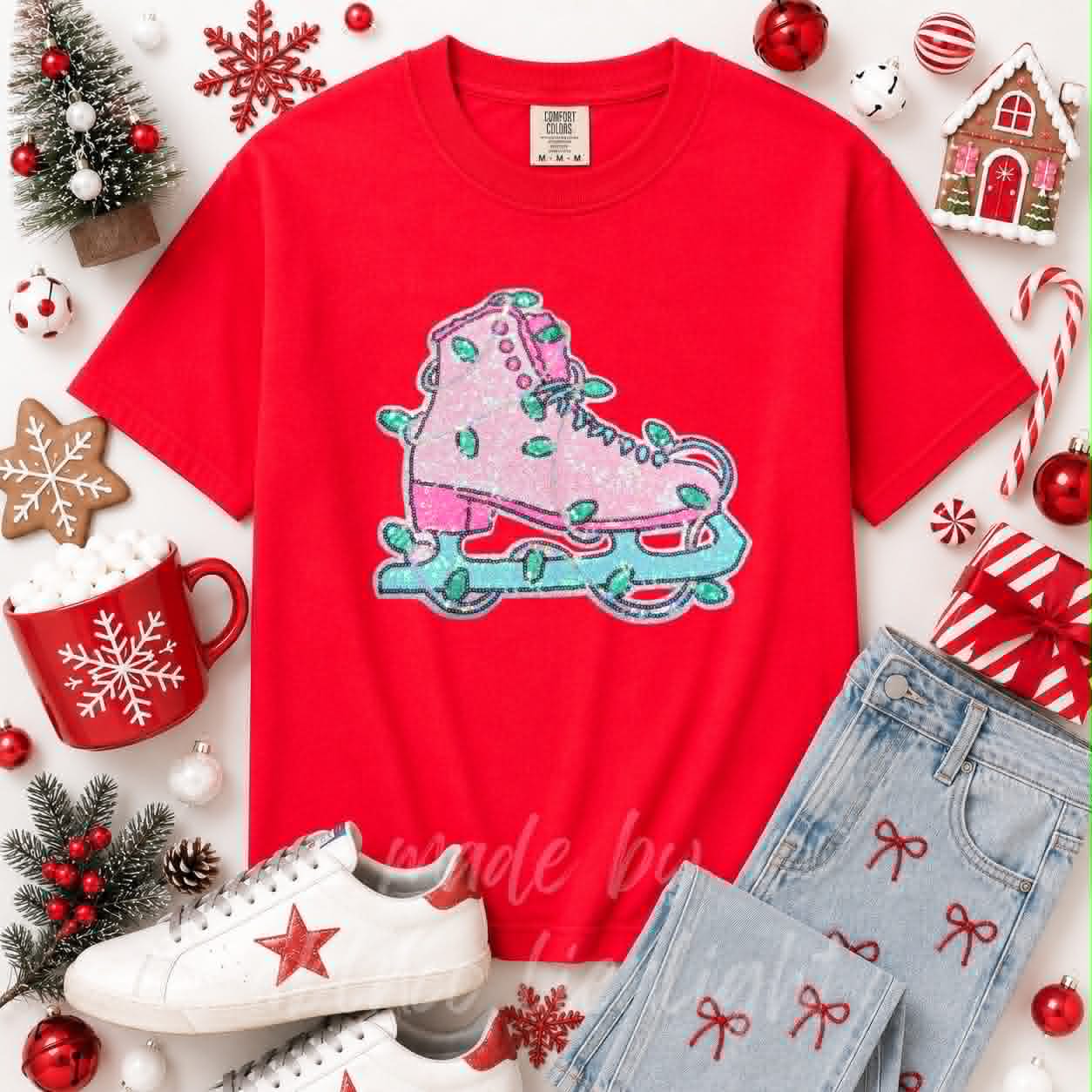 Pink Ice Skate Christmas Sequin Patch Tshirt