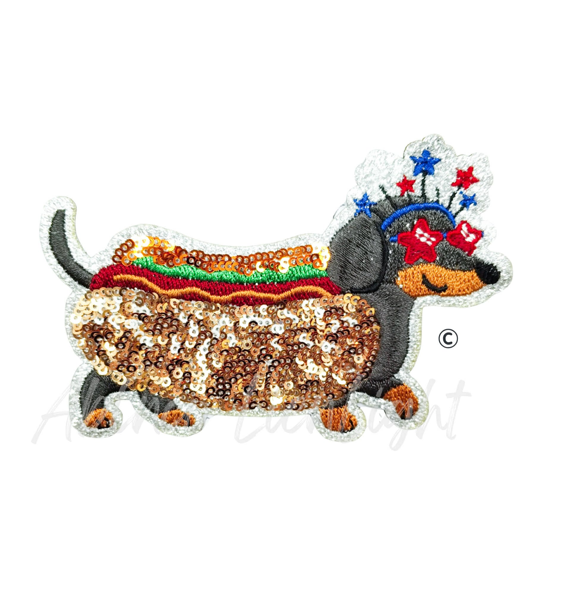 4th of July Dog Hot Dog Sequin Patch - Small