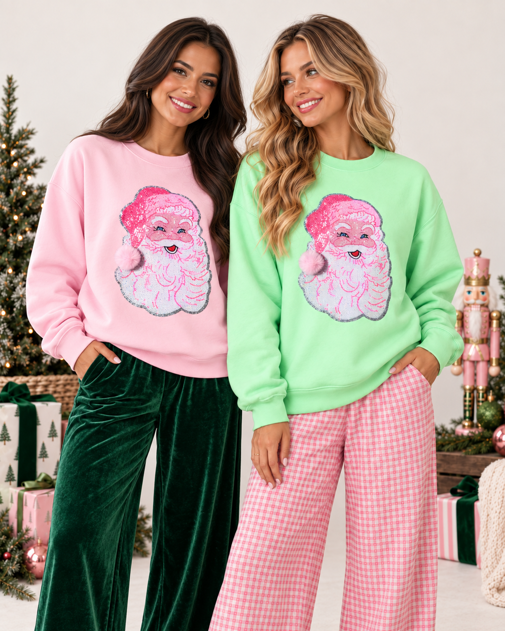 Pink Santa Fuzzy Poof Ball Christmas Sequin Patch