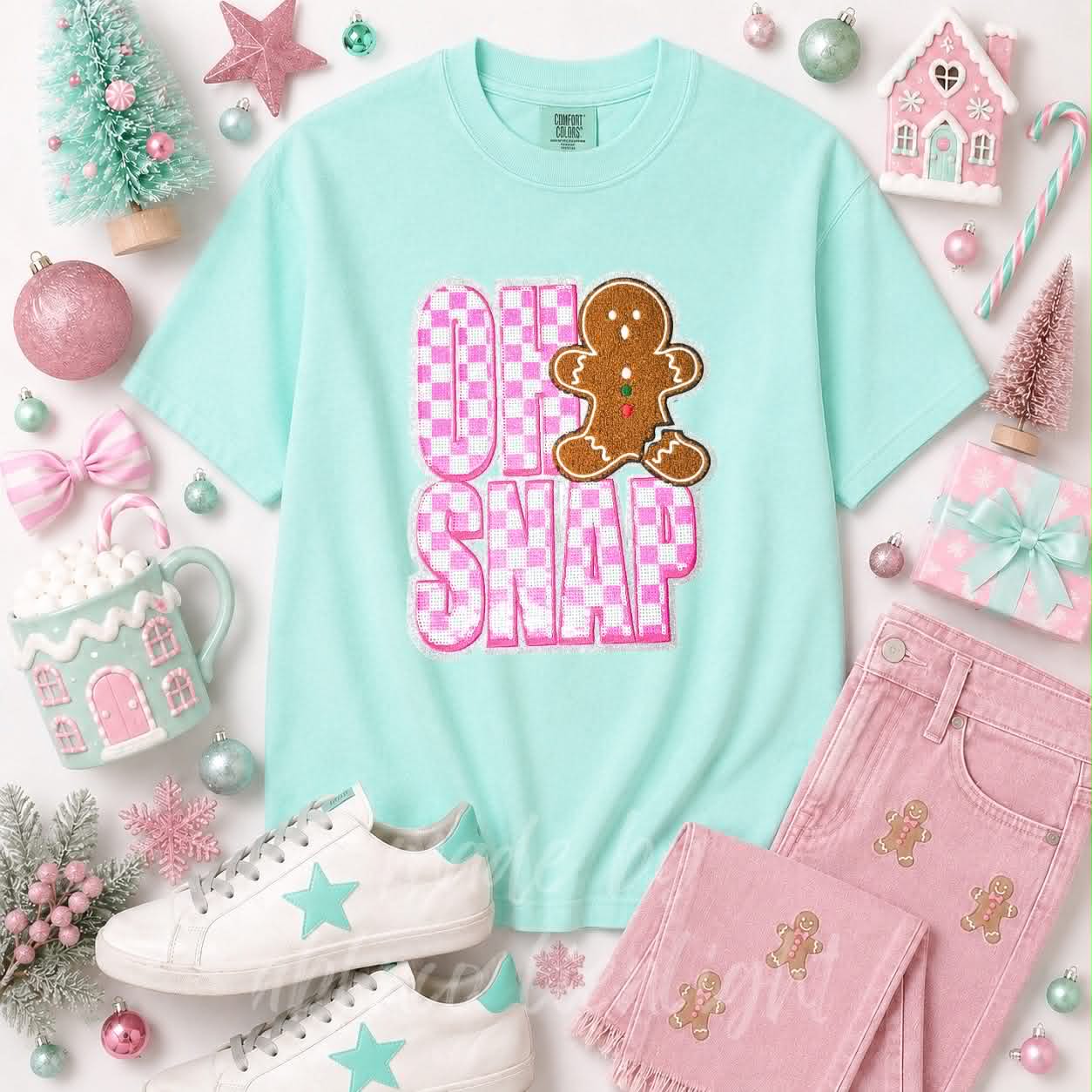 Oh Snap Gingerbread Christmas Sequin Patch Tshirt