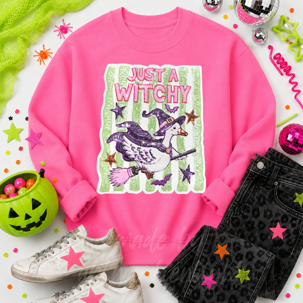 Just A Witchy Goose Halloween Sequin Patch Sweatshirt