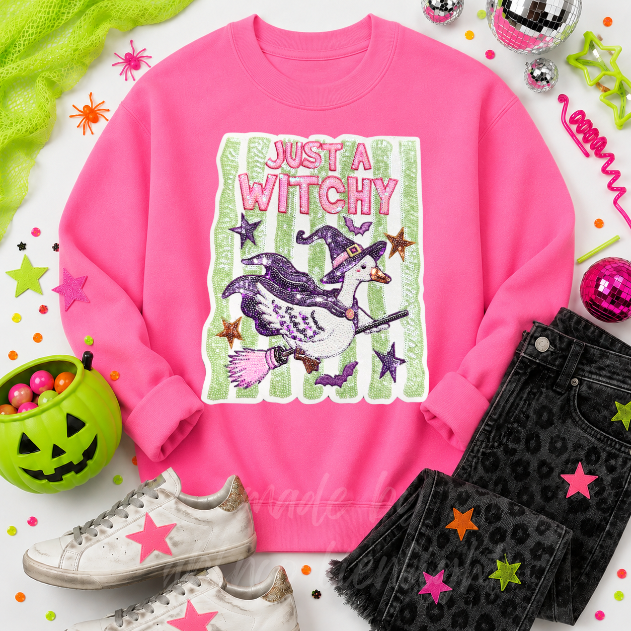 Just A Witchy Goose Halloween Sequin Patch Sweatshirt