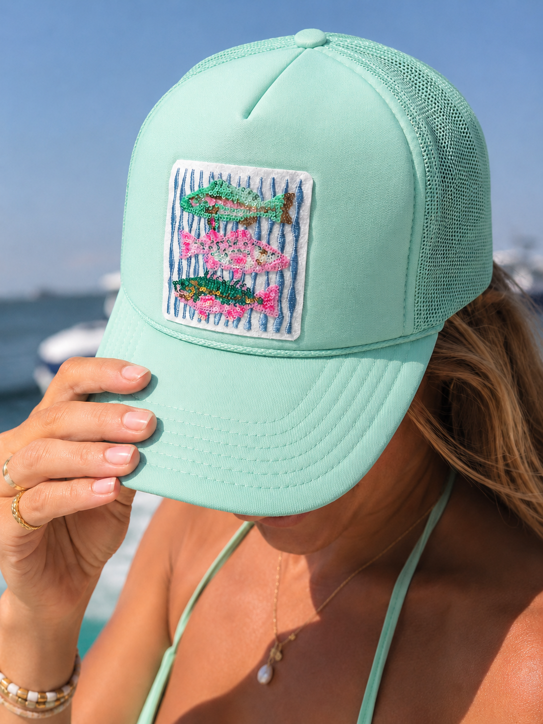Pink and Teal Fish Trio Summer Sequin Embroidery Patch - Small