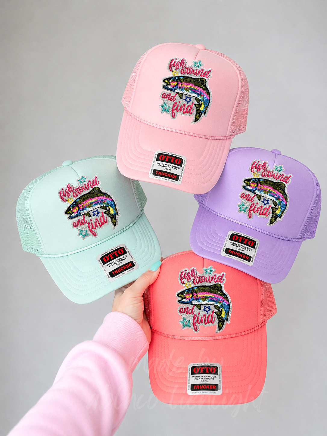 Fish Around And Find Trout Summer Sequin Patch Otto Trucker Hat