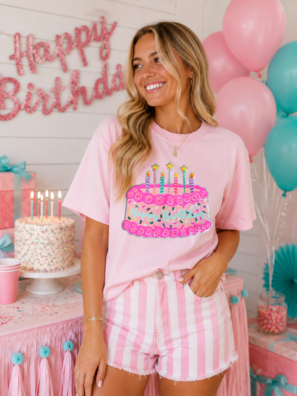 Happy Birthday Cake Pink Sequin Patch Tshirt