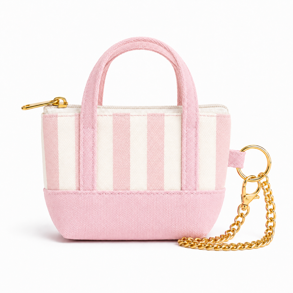 Pink Striped Mini Tote Bag Keychain | Zippered Purse Charm & Pouch
