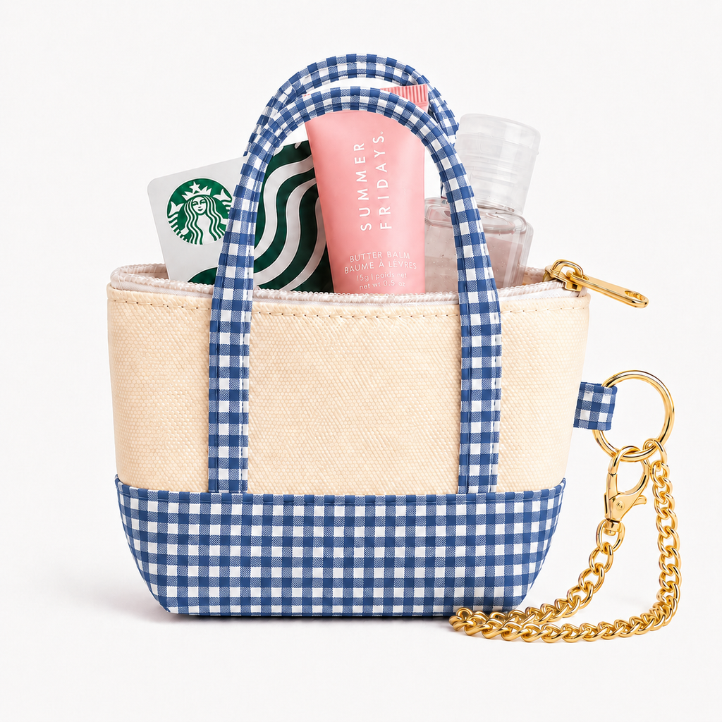 Blue Gingham Mini Tote Bag Keychain | Zippered Purse Charm & Pouch