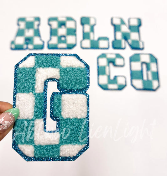 Turquoise Checkered Letters Chenille Embroidery Patch