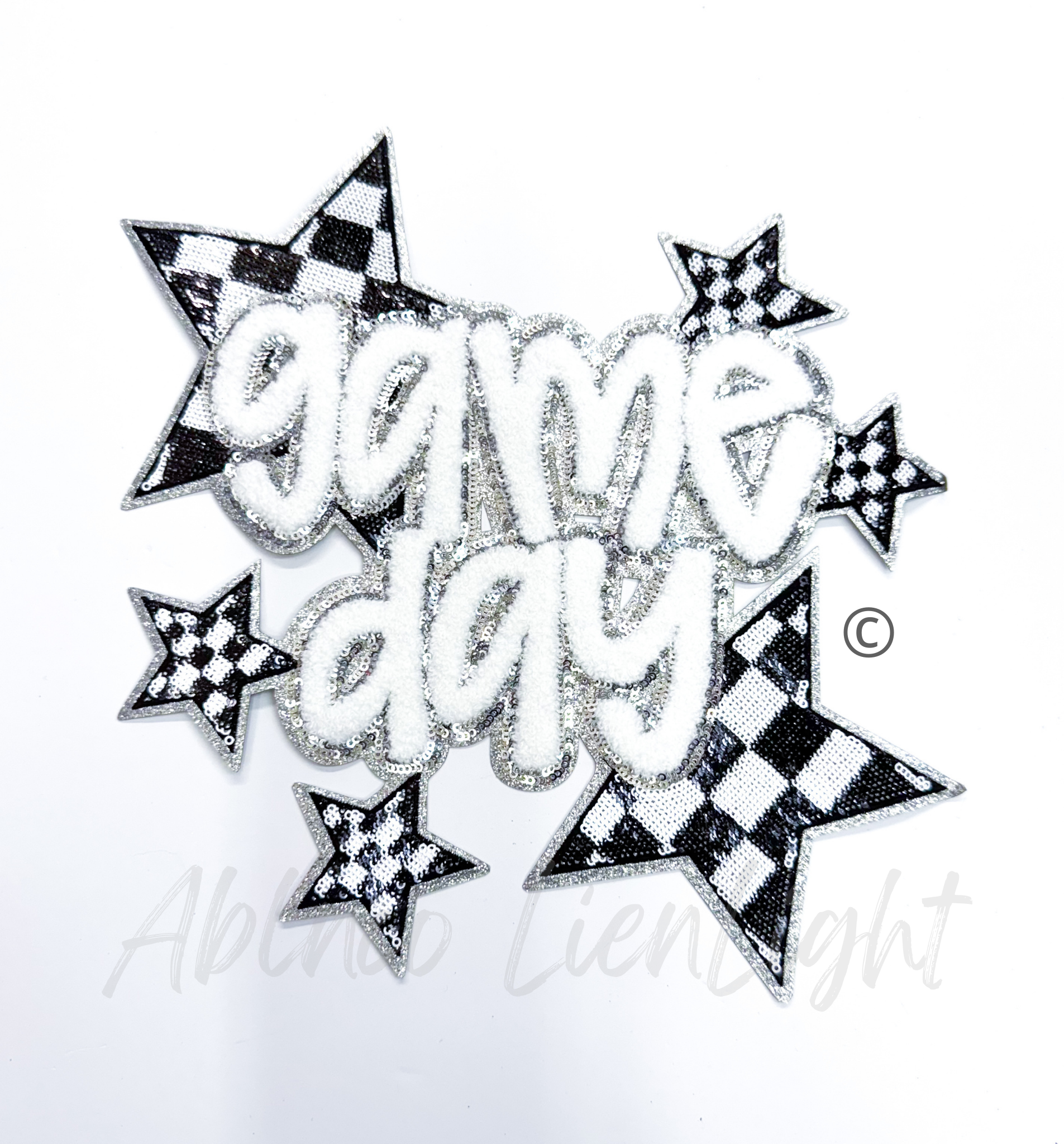 White Game Day Checkered Star Chenille Sequin Patch - Large