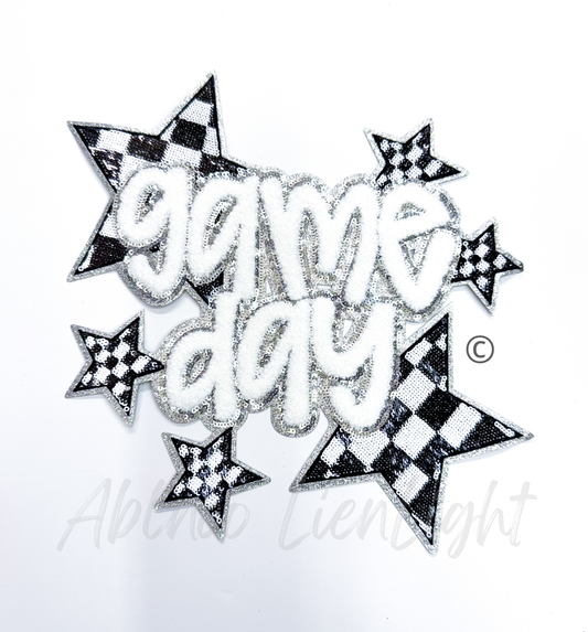 White Game Day Checkered Star Sequins Chenille Patch