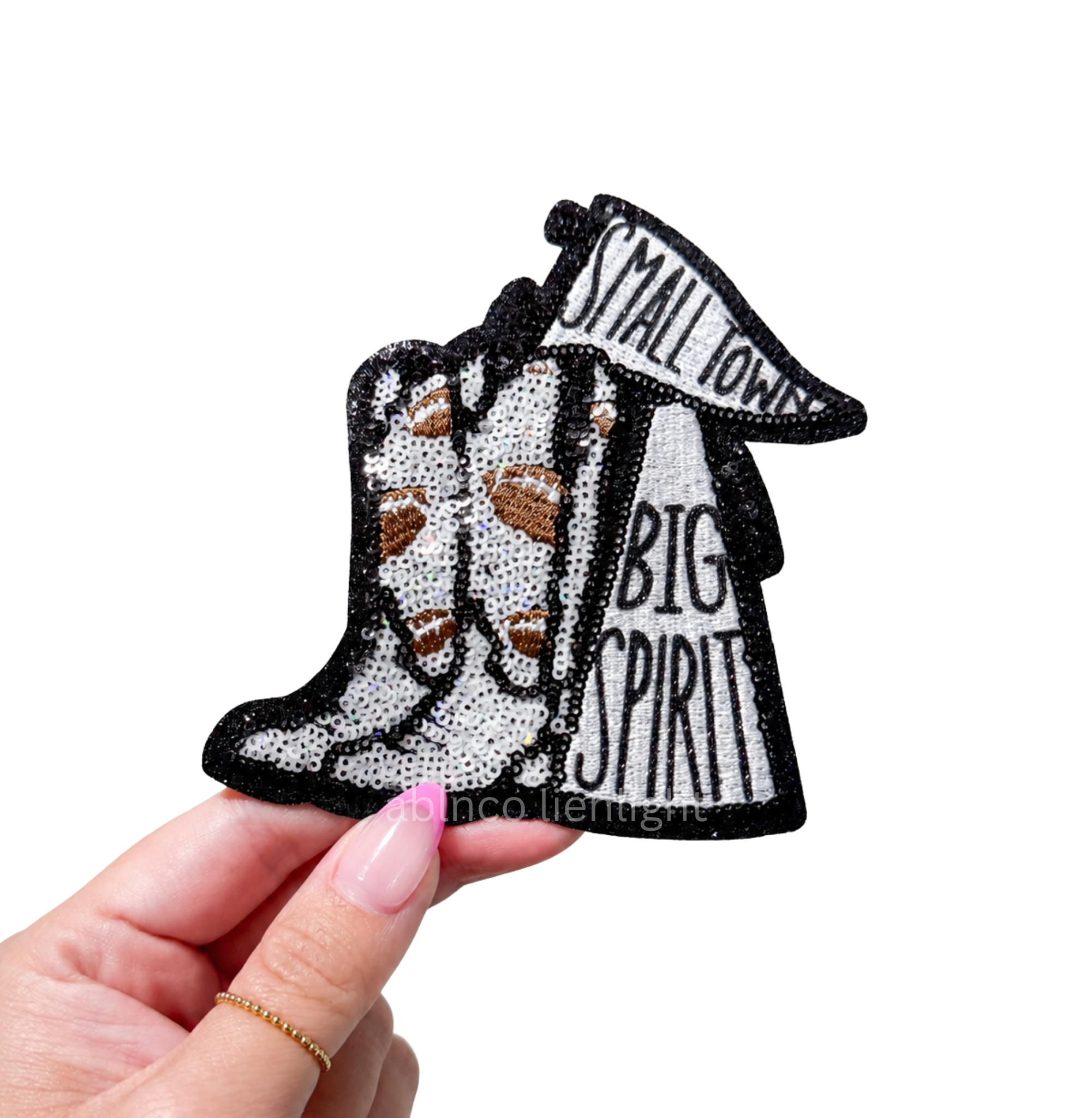 Black Small Town Big Spirit Football Sequin Patch - Small