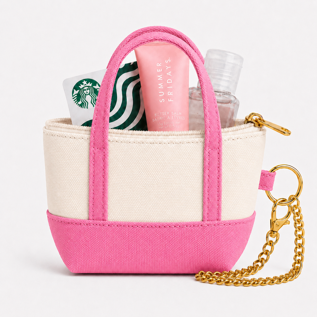 Pink Canva Mini Tote Bag Keychain | Zippered Purse Charm & Pouch