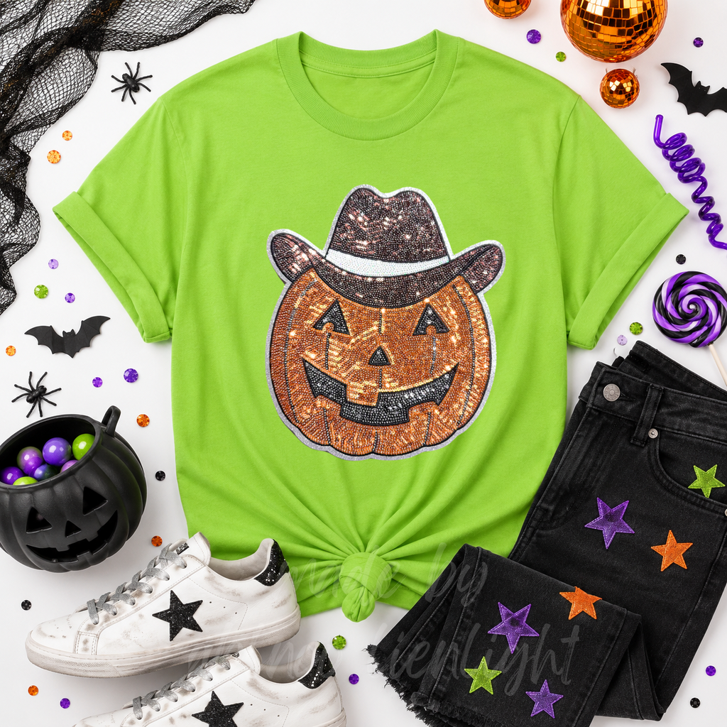 Cowboy Pumpkin Halloween Sequin Patch Tshirt