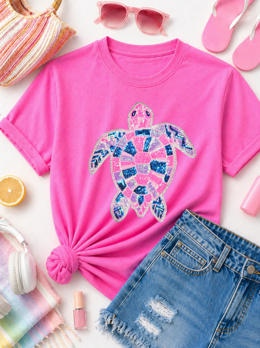 Pink and Blue Turtle Summer Sequin Patch Tshirt