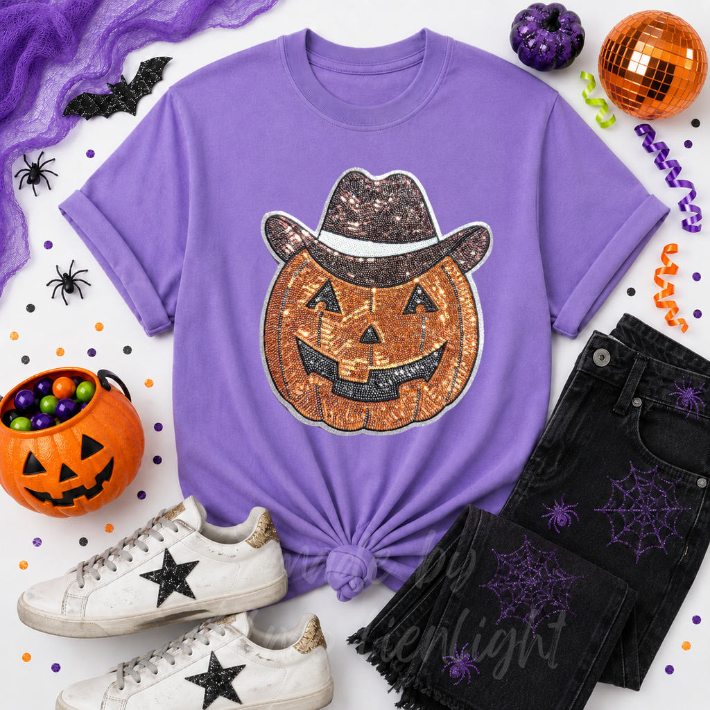 Cowboy Pumpkin Halloween Sequin Patch Tshirt