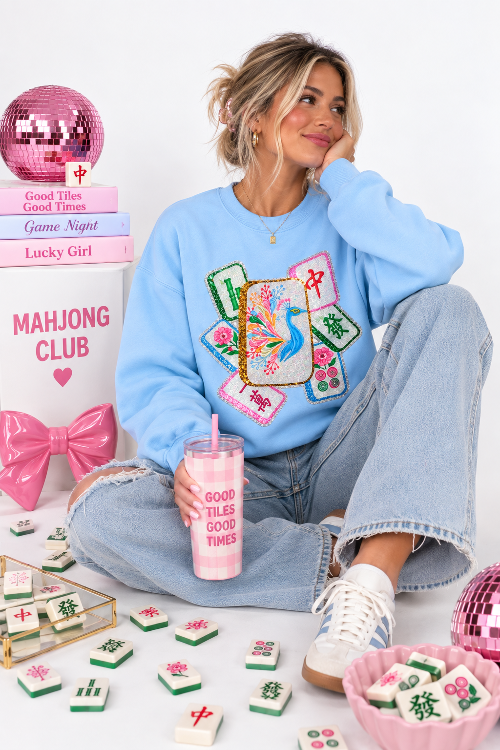 Mahjong Bird Game Tiles Sequin Patch Sweatshirt